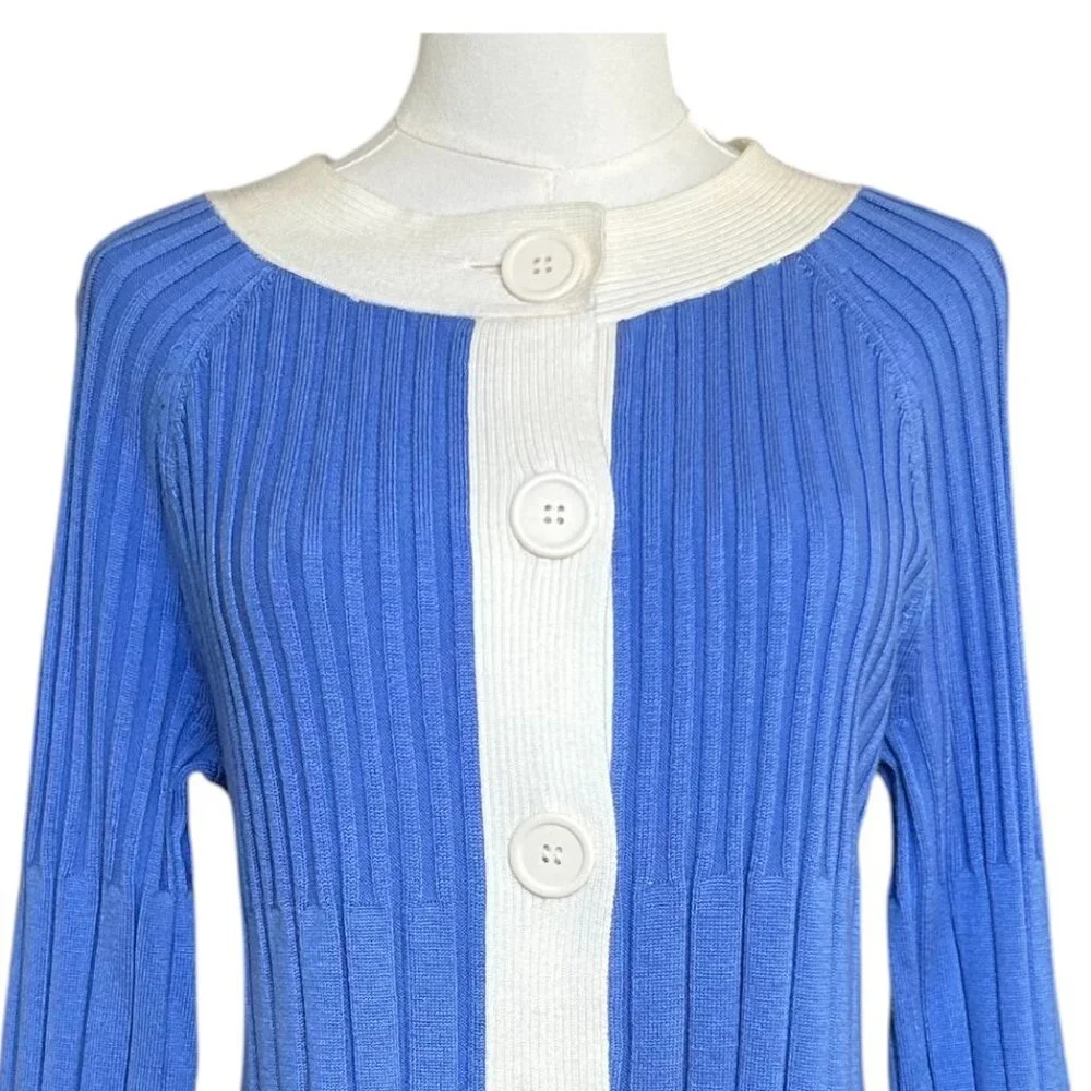 Covington Ribbed Button Sweater Blue White Contrast Trim M